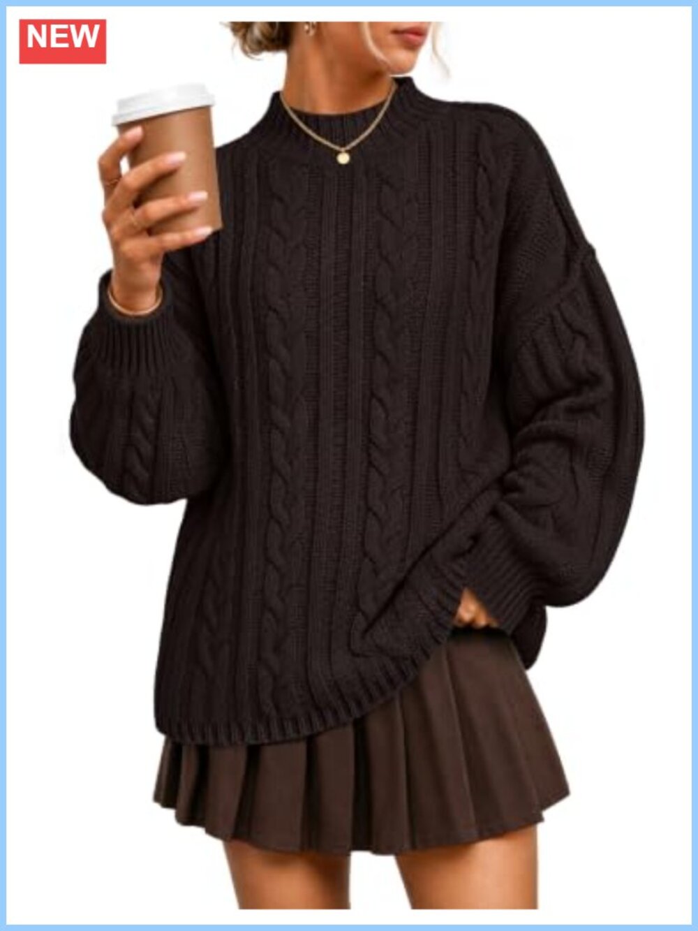 Oversized Mock Neck Cable Knit Sweater Pullover Loose Long Sleeve